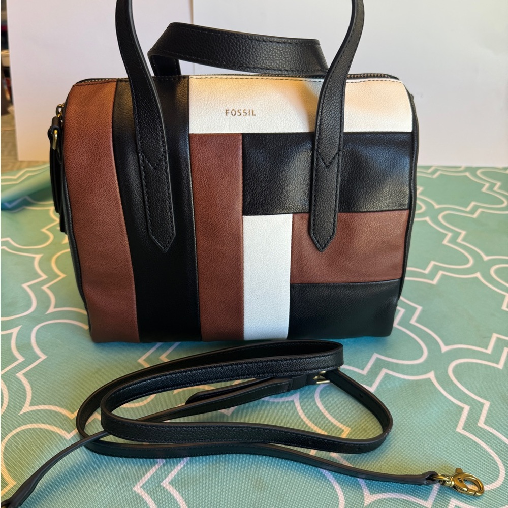 Fossil Black, Brown, and White Satchel